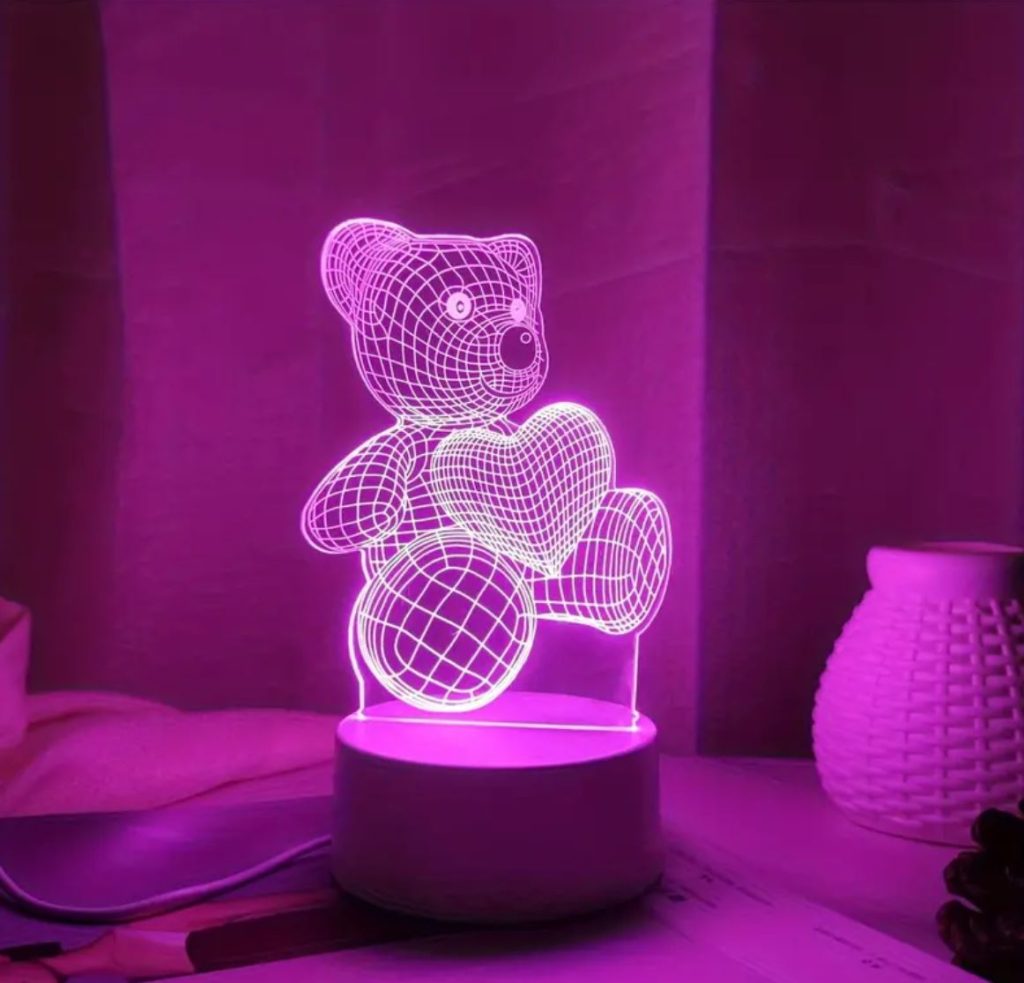 Veilleuse 1D ours en forme de cœur rose, lumière cadeau pour petite amie, lumière d'ambiance de décoration de chambre à coucher, 3 pièce