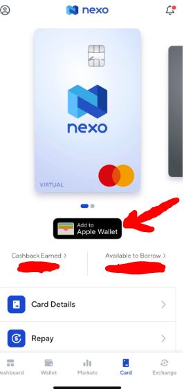 Nexo کارڈ ایپل والیٹ شامل کریں۔