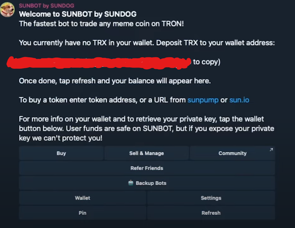 sunbot telegram TRX address